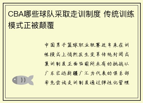 CBA哪些球队采取走训制度 传统训练模式正被颠覆